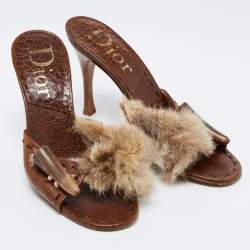 Pre Owned Dior Brown Leather and Fur Slide Sandals Size 38.5