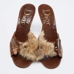 Pre Owned Dior Brown Leather and Fur Slide Sandals Size 38.5