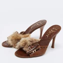 Pre Owned Dior Brown Leather and Fur Slide Sandals Size 38.5