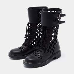 Dior Black Leather Lasercut Accent Combat Boots Size 37