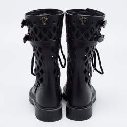 Dior Black Leather Lasercut Accent Combat Boots Size 37