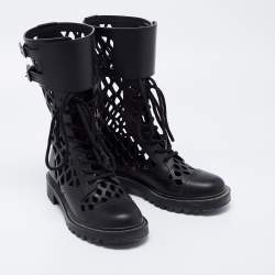 Dior Black Leather Lasercut Accent Combat Boots Size 37