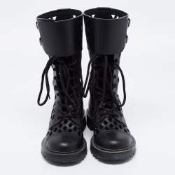 Dior Black Leather Lasercut Accent Combat Boots Size 37