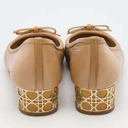 Dior Beige Leather Bow Detail Cannage Block Heel Pumps Size 39.5