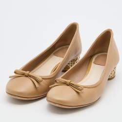 Dior Beige Leather Bow Detail Cannage Block Heel Pumps Size 39.5