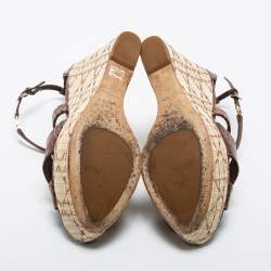 Dior Brown Croc Embossed Leather Wedge Ankle Strap Sandals Size 41