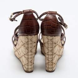 Dior Brown Croc Embossed Leather Wedge Ankle Strap Sandals Size 41