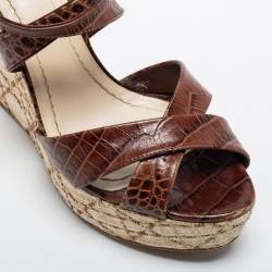 Dior Brown Croc Embossed Leather Wedge Ankle Strap Sandals Size 41