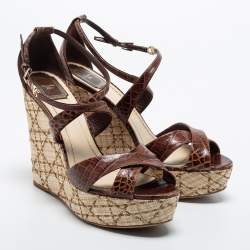 Dior Brown Croc Embossed Leather Wedge Ankle Strap Sandals Size 41