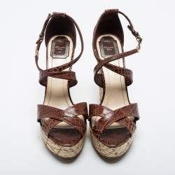 Dior Brown Croc Embossed Leather Wedge Ankle Strap Sandals Size 41
