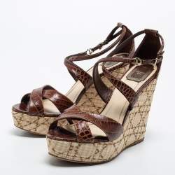 Dior Brown Croc Embossed Leather Wedge Ankle Strap Sandals Size 41