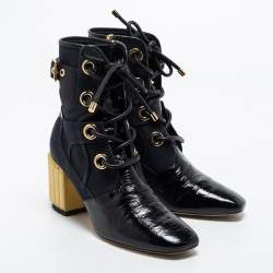 Pre Owned Dior Black Canvas and Leather Glorious Ankle Length Boots Size 39