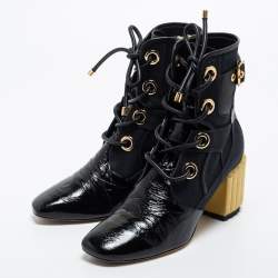 Pre Owned Dior Black Canvas and Leather Glorious Ankle Length Boots Size 39