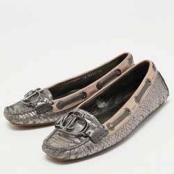 Dior Metallic Silver Python Embossed Leather CD Loafers Size 35