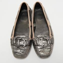 Dior Metallic Silver Python Embossed Leather CD Loafers Size 35