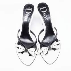 Dior White/Black Leather And Patent Studded Logo Bow Slides Size 39