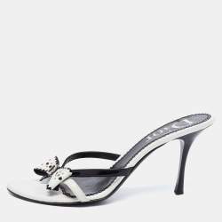 Dior White/Black Leather And Patent Studded Logo Bow Slides Size 39