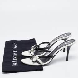 Dior White/Black Leather And Patent Studded Logo Bow Slides Size 39