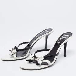 Dior White/Black Leather And Patent Studded Logo Bow Slides Size 39