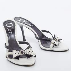 Dior White/Black Leather And Patent Studded Logo Bow Slides Size 39