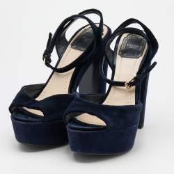 Dior Navy Blue Velvet Open Toe Platform Ankle Strap Sandals Size 38.5