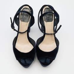 Dior Navy Blue Velvet Open Toe Platform Ankle Strap Sandals Size 38.5