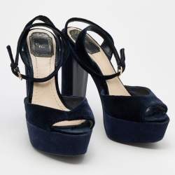 Dior Navy Blue Velvet Open Toe Platform Ankle Strap Sandals Size 38.5