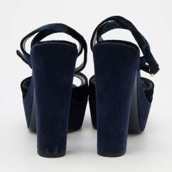 Dior Navy Blue Velvet Open Toe Platform Ankle Strap Sandals Size 38.5