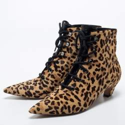 Dior Beige/Brown Leopard Print Calf Hair Ankle Length Boots Size 40