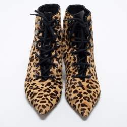 Dior Beige/Brown Leopard Print Calf Hair Ankle Length Boots Size 40