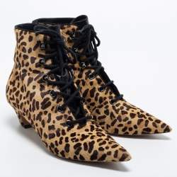 Dior Beige/Brown Leopard Print Calf Hair Ankle Length Boots Size 40