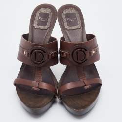 Dior Dark Brown Leather Wooden Heel Platform Sandals Size 37.5