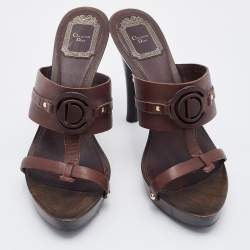 Dior Dark Brown Leather Wooden Heel Platform Sandals Size 37.5
