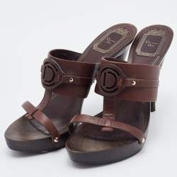 Dior Dark Brown Leather Wooden Heel Platform Sandals Size 37.5