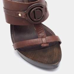 Dior Dark Brown Leather Wooden Heel Platform Sandals Size 37.5