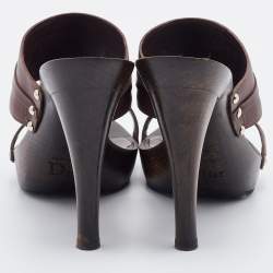 Dior Dark Brown Leather Wooden Heel Platform Sandals Size 37.5