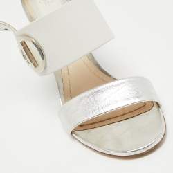 Dior White/Silver Leather CD Block Heel Ankle Strap Sandals Size 36