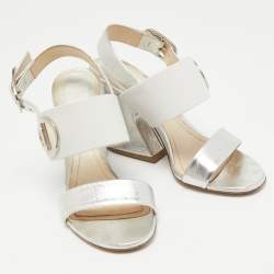 Dior White/Silver Leather CD Block Heel Ankle Strap Sandals Size 36