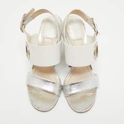 Dior White/Silver Leather CD Block Heel Ankle Strap Sandals Size 36