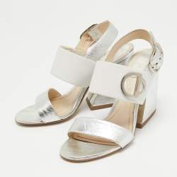 Dior White/Silver Leather CD Block Heel Ankle Strap Sandals Size 36