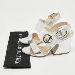 Dior White/Silver Leather CD Block Heel Ankle Strap Sandals Size 36