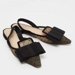 Dior Black/Beige Mesh And Suede Trim Polka Dot Bow Pointed Toe Slingback Mules Size 38