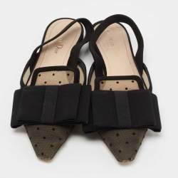 Dior Black/Beige Mesh And Suede Trim Polka Dot Bow Pointed Toe Slingback Mules Size 38