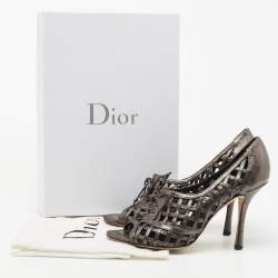 Pre Owned Dior Metallic Grey Leather Open Toe Caged Pumps Size 38