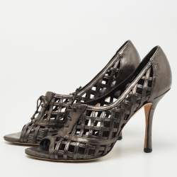 Pre Owned Dior Metallic Grey Leather Open Toe Caged Pumps Size 38