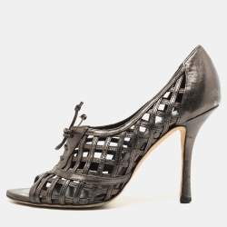 Pre Owned Dior Metallic Grey Leather Open Toe Caged Pumps Size 38