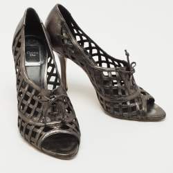 Pre Owned Dior Metallic Grey Leather Open Toe Caged Pumps Size 38