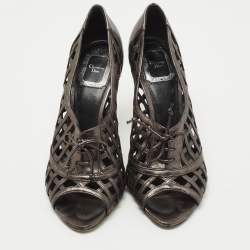 Pre Owned Dior Metallic Grey Leather Open Toe Caged Pumps Size 38