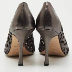 Pre Owned Dior Metallic Grey Leather Open Toe Caged Pumps Size 38