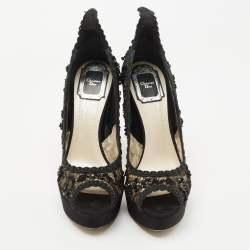 Pre Owned Dior Black Lace and Mesh Embellished Pampille Peep Toe Platform Pumps Size 37
